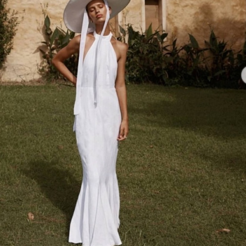 DISSH AISLE WHITE LINEN HIGH NECK DRESS size 6 medium bride bridal wedding maxi